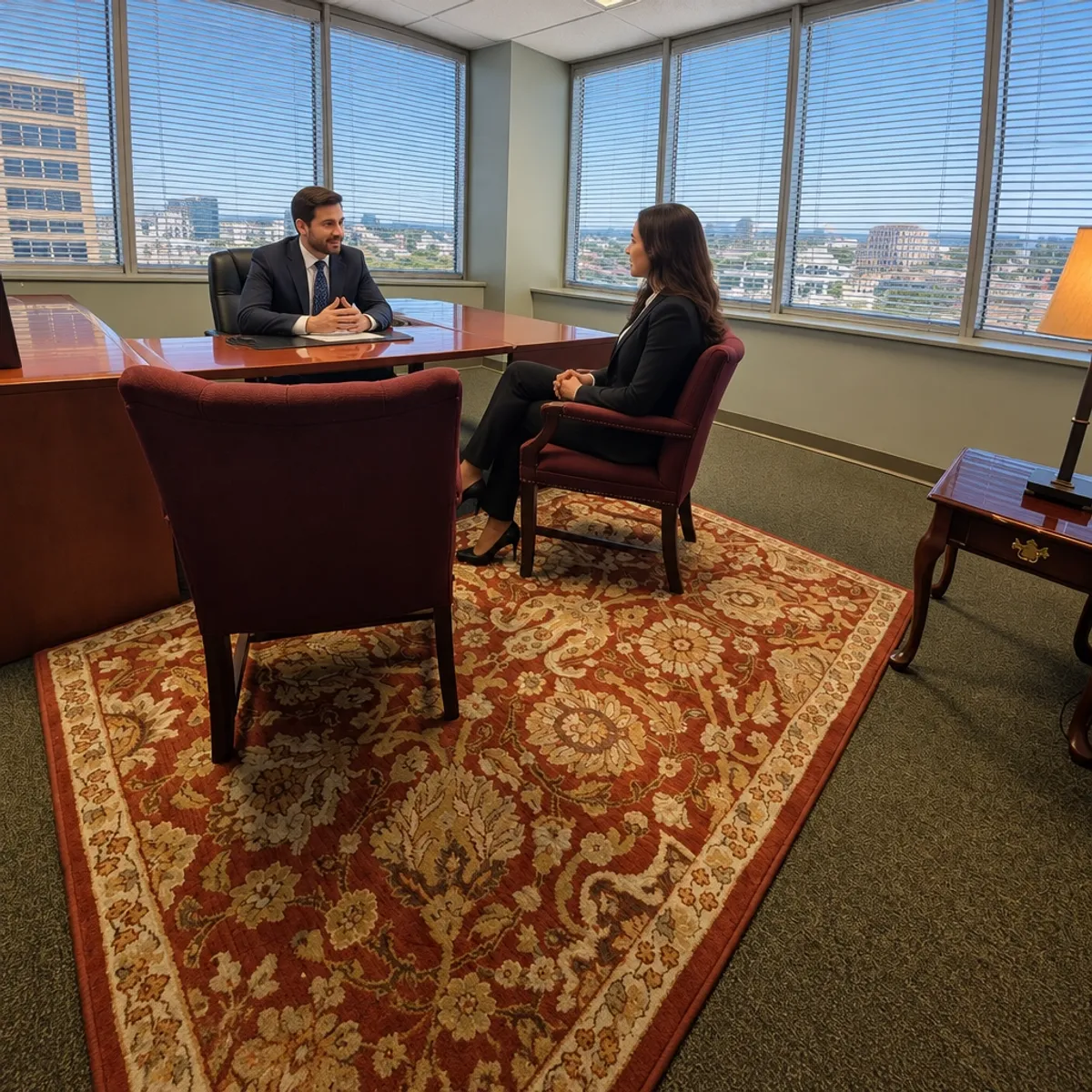 Two AI-generated professionals meeting in a private corner executive office with downtown views and horizontal window blinds